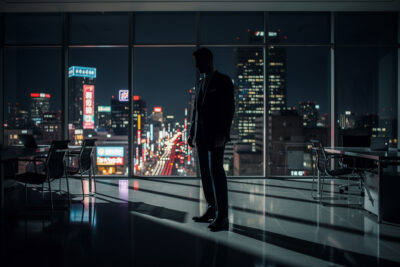 Agent secret en costume sombre se découpant en silhouette devant une baie vitrée donnant sur une mégapole nocturne