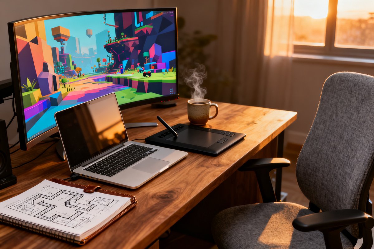 Bureau de développeur de jeu solo au crépuscule, écran montrant un environnement 3D coloré