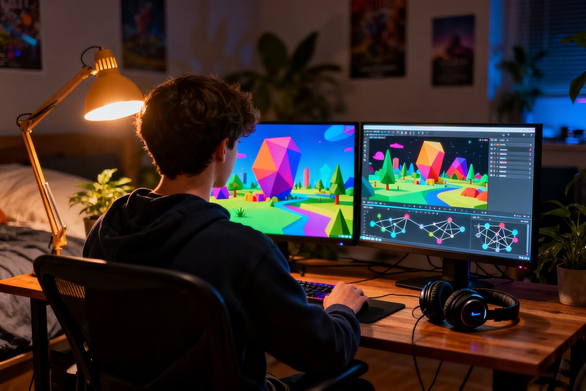 Développeur de jeu vidéo seul à son bureau la nuit, deux écrans affichant des scènes 3D