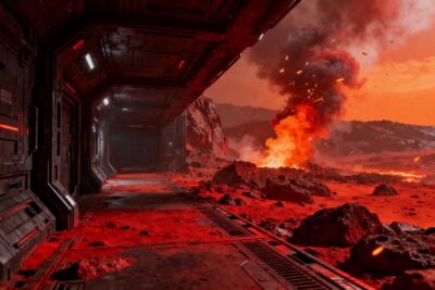 Couloir sombre d'une base militaire futuriste baigné d'une lumiere rouge infernale, fumee en suspension.