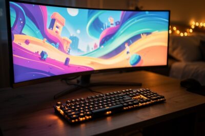Setup PC gamer dans une chambre, clavier mécanique rétroéclairé et écran large allumés au crépuscule