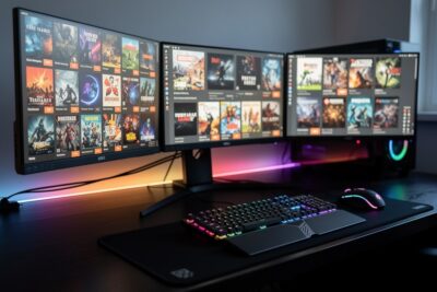 Bureau de joueur PC avec écrans affichant des catalogues de jeux soldés, lumière néon douce et clavier mécanique.