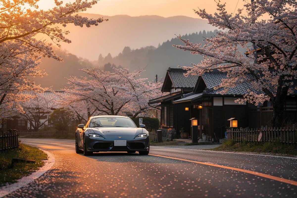 Route japonaise au crépuscule avec une voiture sportive moderne longeant des cerisiers en fleurs
