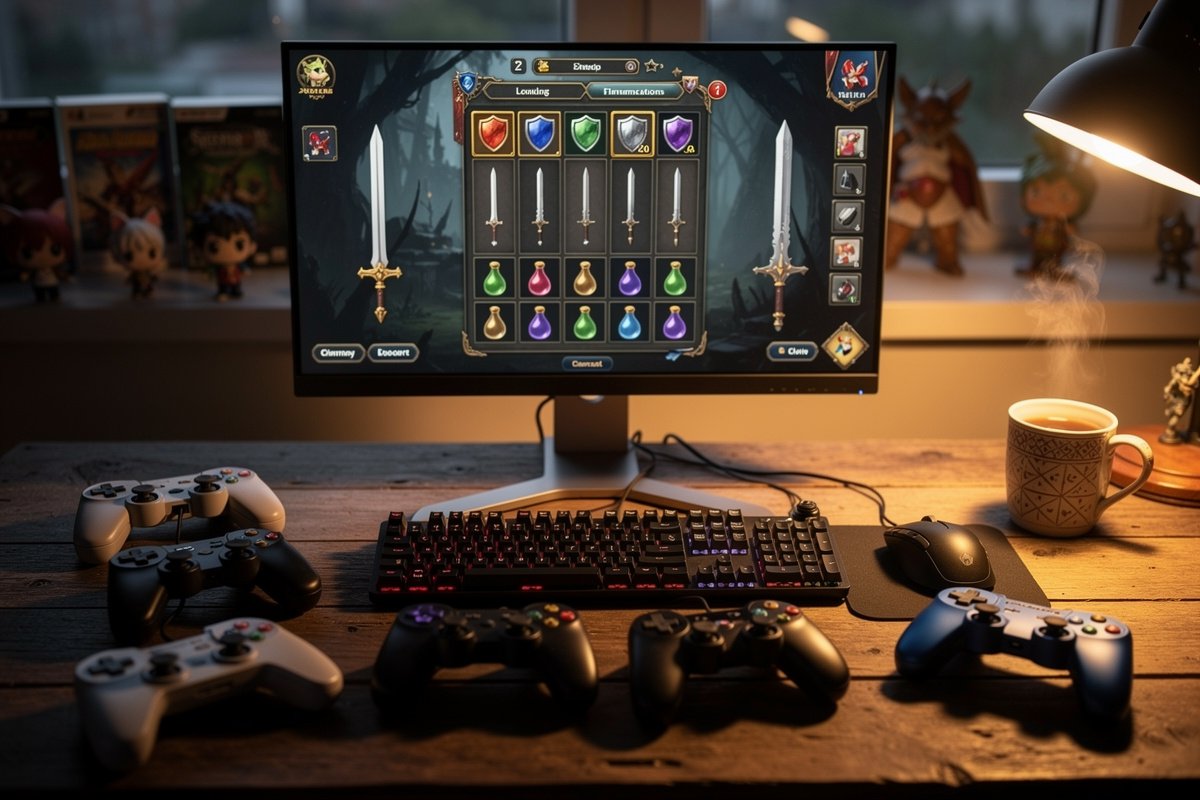 Bureau de joueur PC en fin de journée, manette posée près d un écran affichant un menu d inventaire de RPG.
