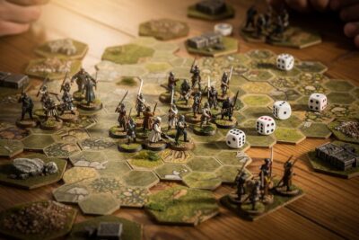 Vue rapprochée d'une partie de wargame sur table avec figurines peintes et carte hexagonale en bois clair.