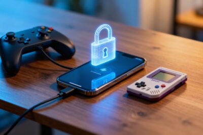 Smartphone avec un cadenas lumineux au-dessus de l'écran, une manette de jeu et une console portable rétro sur un bureau