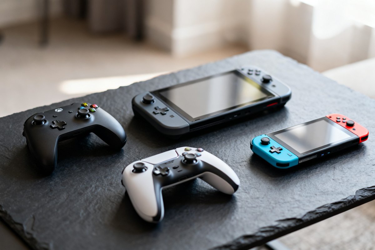 Manettes de jeu et consoles portables posées sur une table en ardoise
