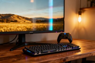 Bureau de jeu PC au crépuscule avec écran allumé, clavier mécanique et manette