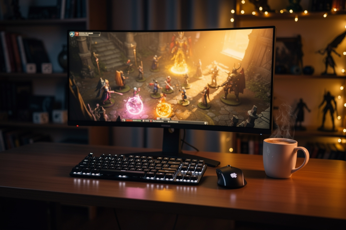 Setup PC gaming au coucher du soleil avec écran affichant une scène de RPG tactique
