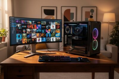 Configuration PC gaming dans un salon avec écran large affichant une bibliothèque de jeux à essayer.