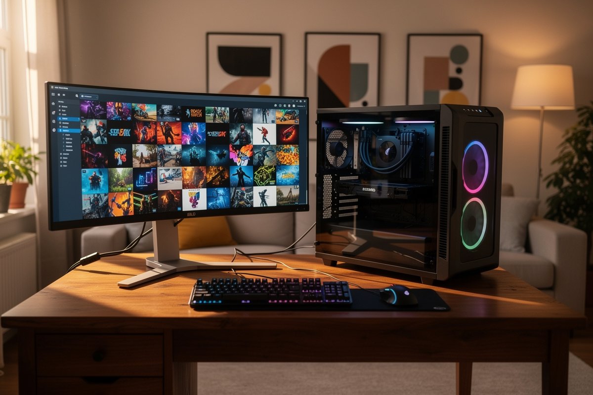 Configuration PC gaming dans un salon avec écran large affichant une bibliothèque de jeux à essayer.