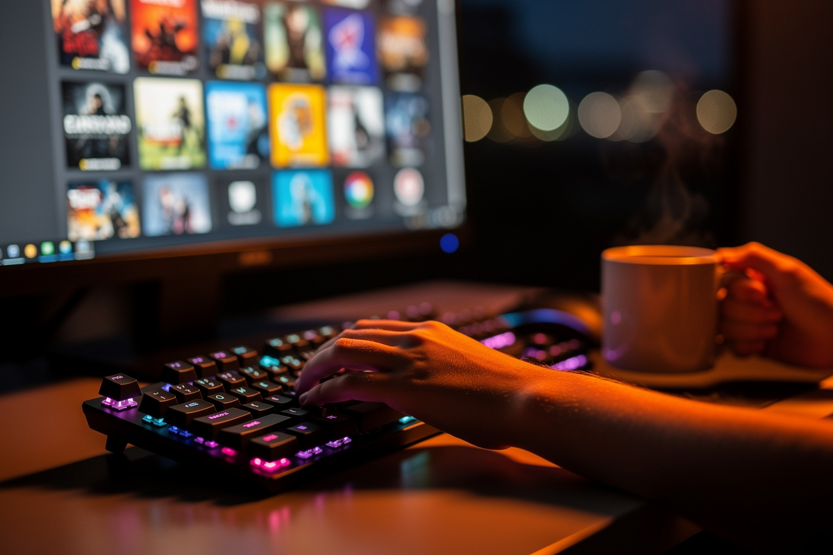Mains sur un clavier mécanique rétroéclairé devant un écran flou affichant une liste de souhaits de jeux PC, ambiance soir d'été.