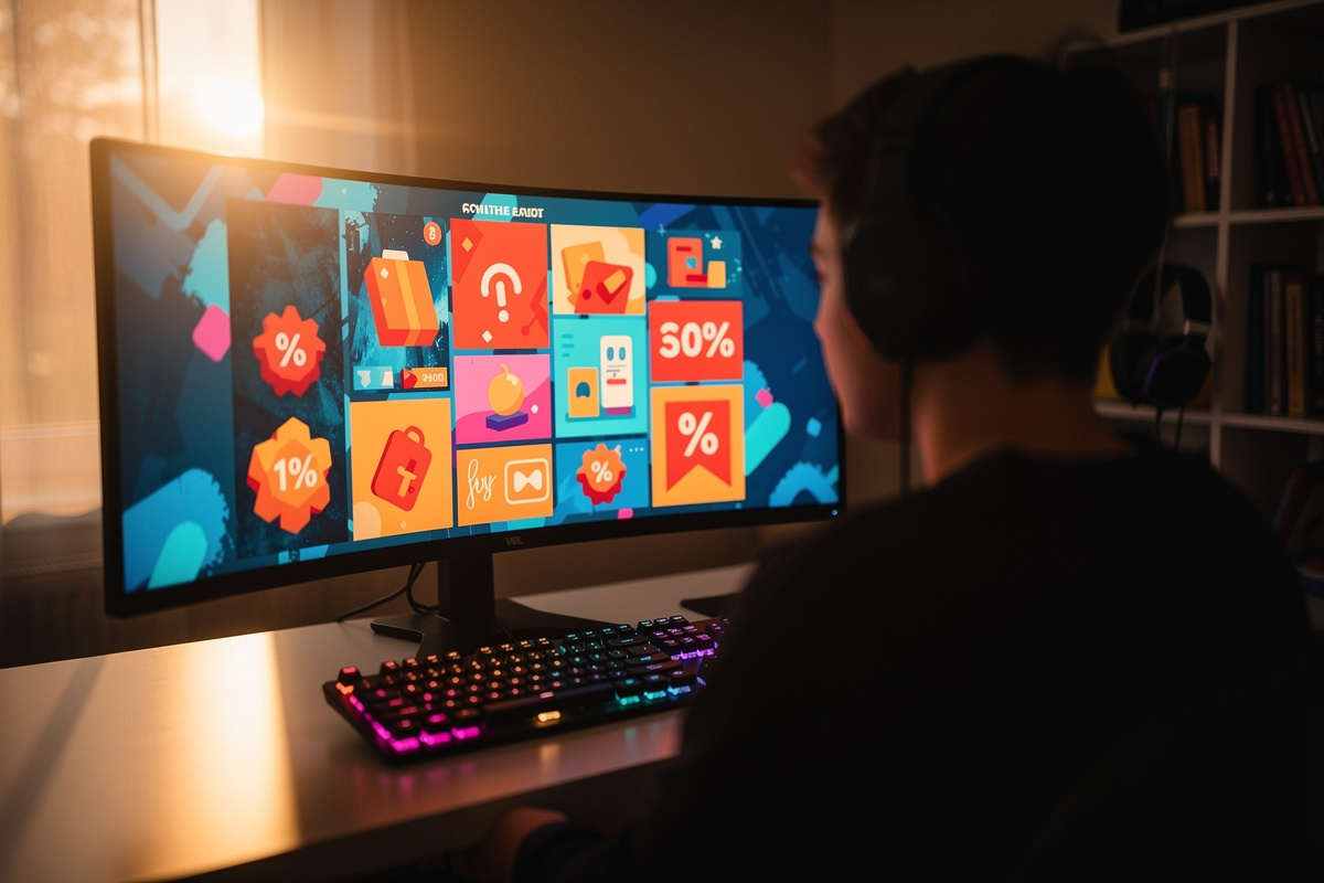 Joueur PC devant un écran ultrawide affichant une boutique de jeux vidéo avec bandeaux promotionnels lumineux à la tombée du jour.
