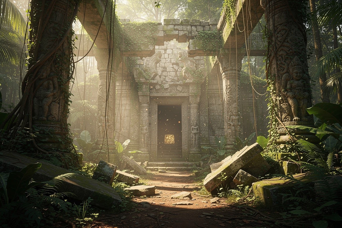 Ruines d'un temple ancien envahi par la végétation, rayons de soleil filtrant à travers les arches brisées.