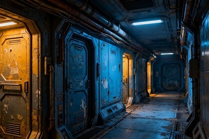 Couloir sombre d'une station spatiale délabrée, panneaux métalliques usés et éclairage industriel.