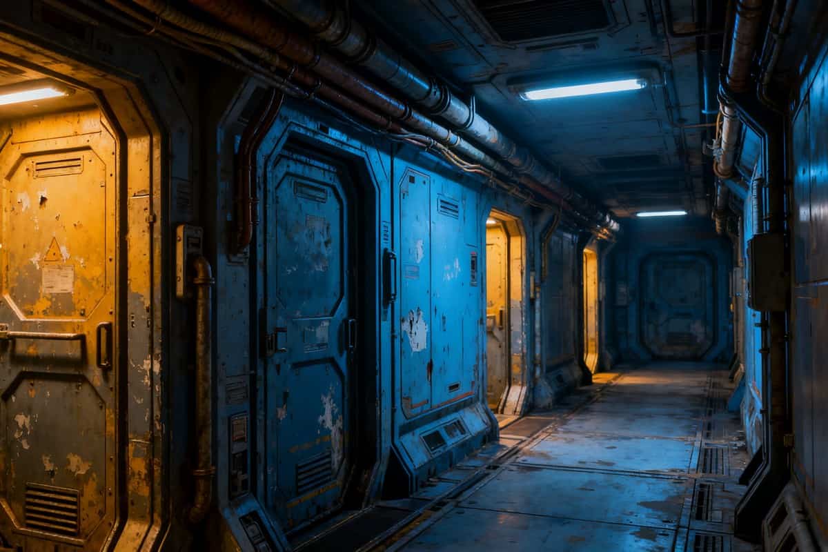 Couloir sombre d'une station spatiale délabrée, panneaux métalliques usés et éclairage industriel.