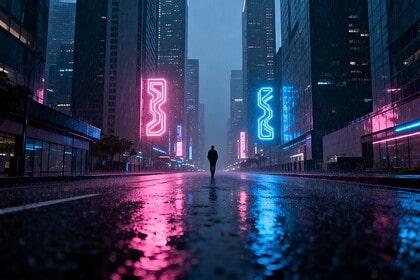 Rue d'une megalopole futuriste eclairee par des neons sous la pluie, la nuit.