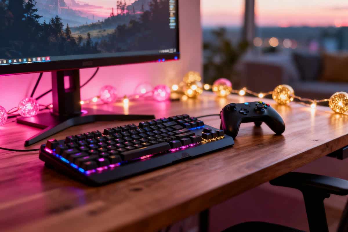 Bureau de jeu vidéo le soir avec un écran d'ordinateur allumé et des guirlandes lumineuses roses et dorées en arrière-plan