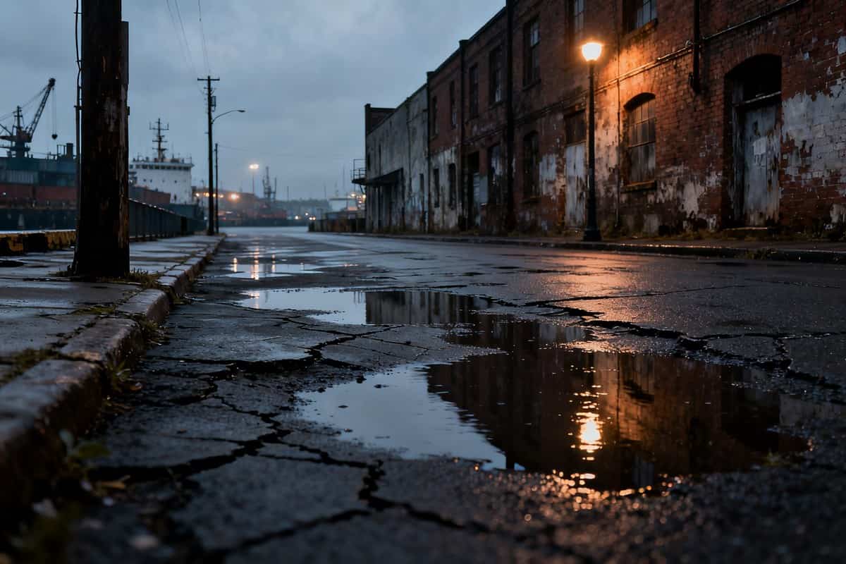 Rue déserte et pavée d'un quartier portuaire vieillissant sous un ciel couvert, flaques reflétant les lampadaires.