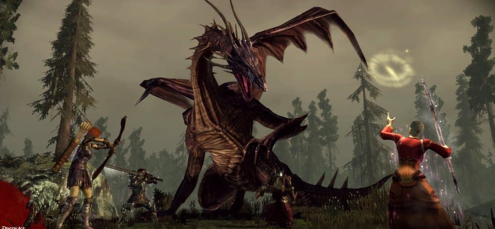 Groupe d'aventuriers affrontant un dragon dans une forêt, capture de Dragon Age: Origins