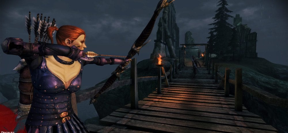 Compagnon archère bandant son arc sur un pont en bois, capture de Dragon Age: Origins