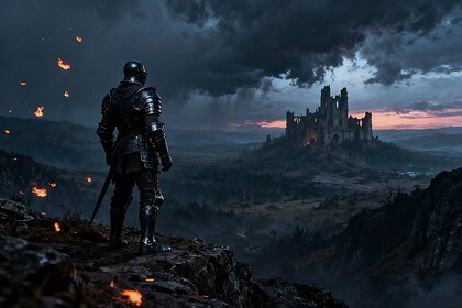 Chevalier en armure sombre surplombant une vallée de dark fantasy au crépuscule