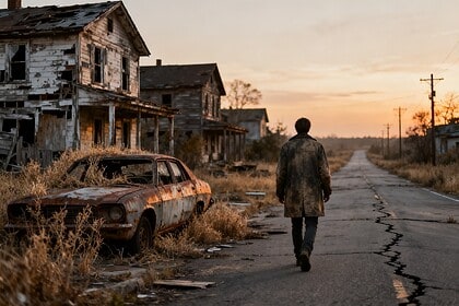 Quartier pavillonnaire americain en ruines au crepuscule, ambiance post-nucleaire