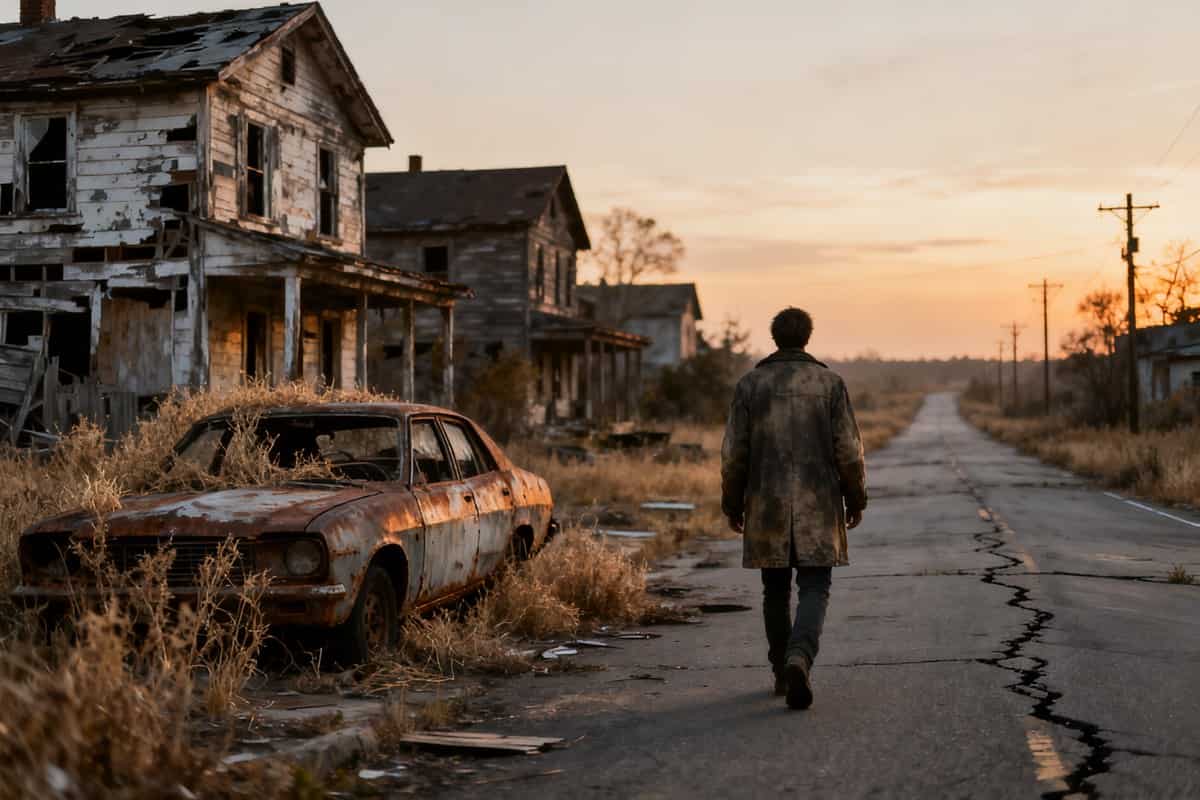 Quartier pavillonnaire americain en ruines au crepuscule, ambiance post-nucleaire