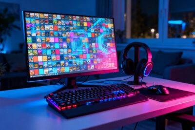 Bureau de jeu PC la nuit, ecran affichant une bibliotheque de jeux, clavier mecanique et casque sous lumiere neon