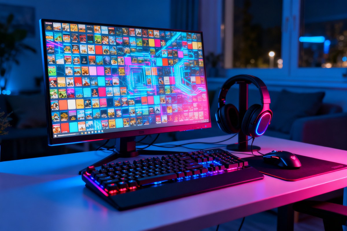 Bureau de jeu PC la nuit, ecran affichant une bibliotheque de jeux, clavier mecanique et casque sous lumiere neon