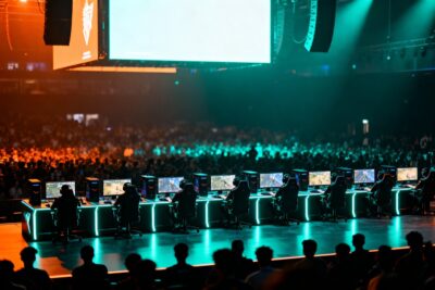 Scène d'un tournoi esport de jeu de tir, ordinateurs alignés sous des projecteurs bleus et orange, foule dans l'ombre