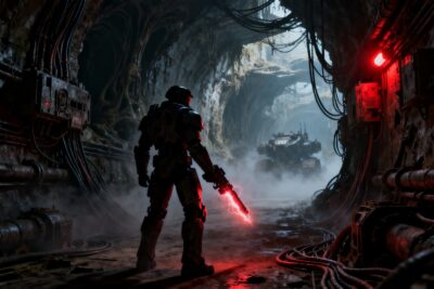 Couloir industriel sombre d'une cité-ruche avec un soldat cybernétique en armure sous une lumière rouge