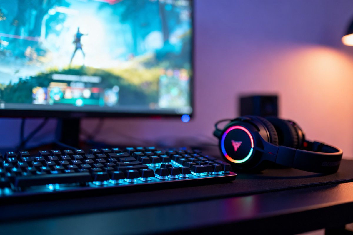 Clavier rétroéclairé et casque de jeu devant un écran allumé sur un bureau