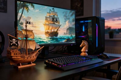 Bureau de joueur PC avec maquette de bateau pirate et cavalier d'échecs devant l'écran