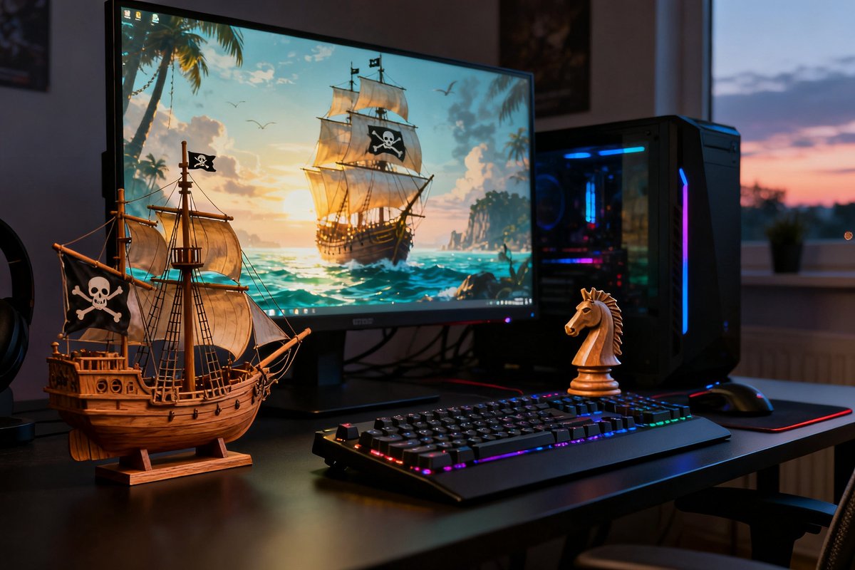 Bureau de joueur PC avec maquette de bateau pirate et cavalier d'échecs devant l'écran