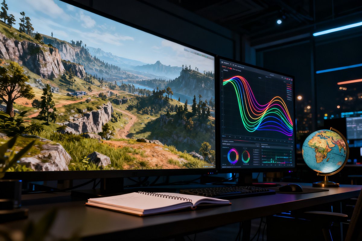 Écrans d'un studio de jeu vidéo affichant un monde ouvert et des courbes de simulation scientifique