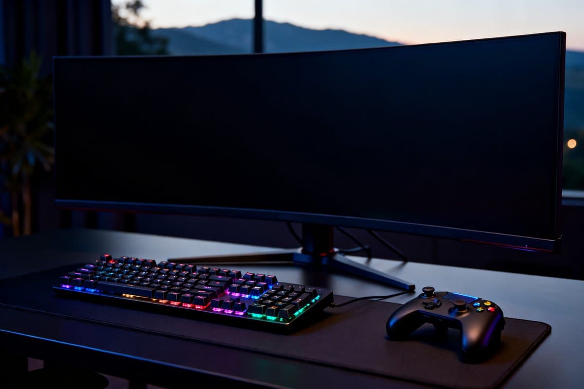 Configuration PC de jeu eclairee en RGB la nuit, clavier mecanique et manette sur le bureau
