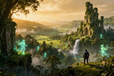 Vaste etendue sauvage fantasy au crepuscule, ruines envahies par la vegetation et esprits lumineux