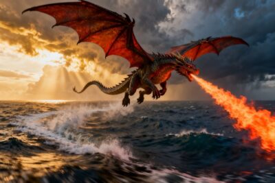 Un dragon aile crache du feu en rasant un ocean agite au coucher du soleil