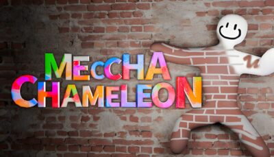 Caméléon coloré fondu dans un mur aux motifs géométriques multicolores