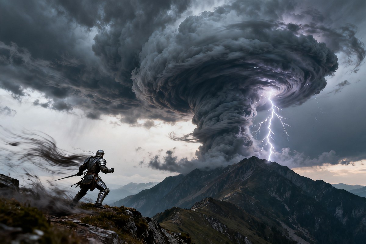 Guerrier en armure face à une gigantesque tornade orageuse traversée d'éclairs au sommet d'une montagne