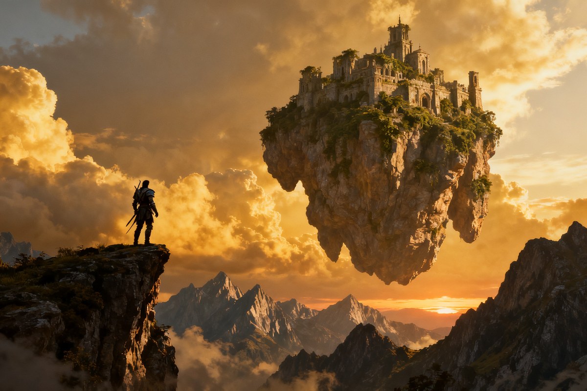 Silhouette d un chasseur en armure observant une ruine flottante au-dessus des nuages au crépuscule