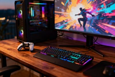 Installation de jeu sur PC avec écran allumé et manette posée sur le bureau