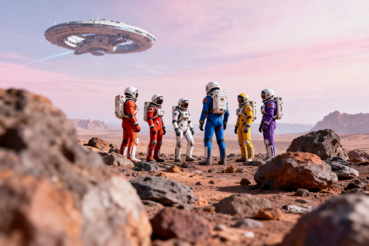 Astronautes en combinaisons colorées réunis sur une planète rocheuse, station spatiale en orbite