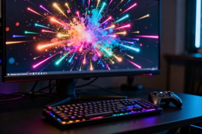 Écran de jeu affichant une pluie de projectiles colorés sur un bureau de joueur, dans une pièce sombre en néons.