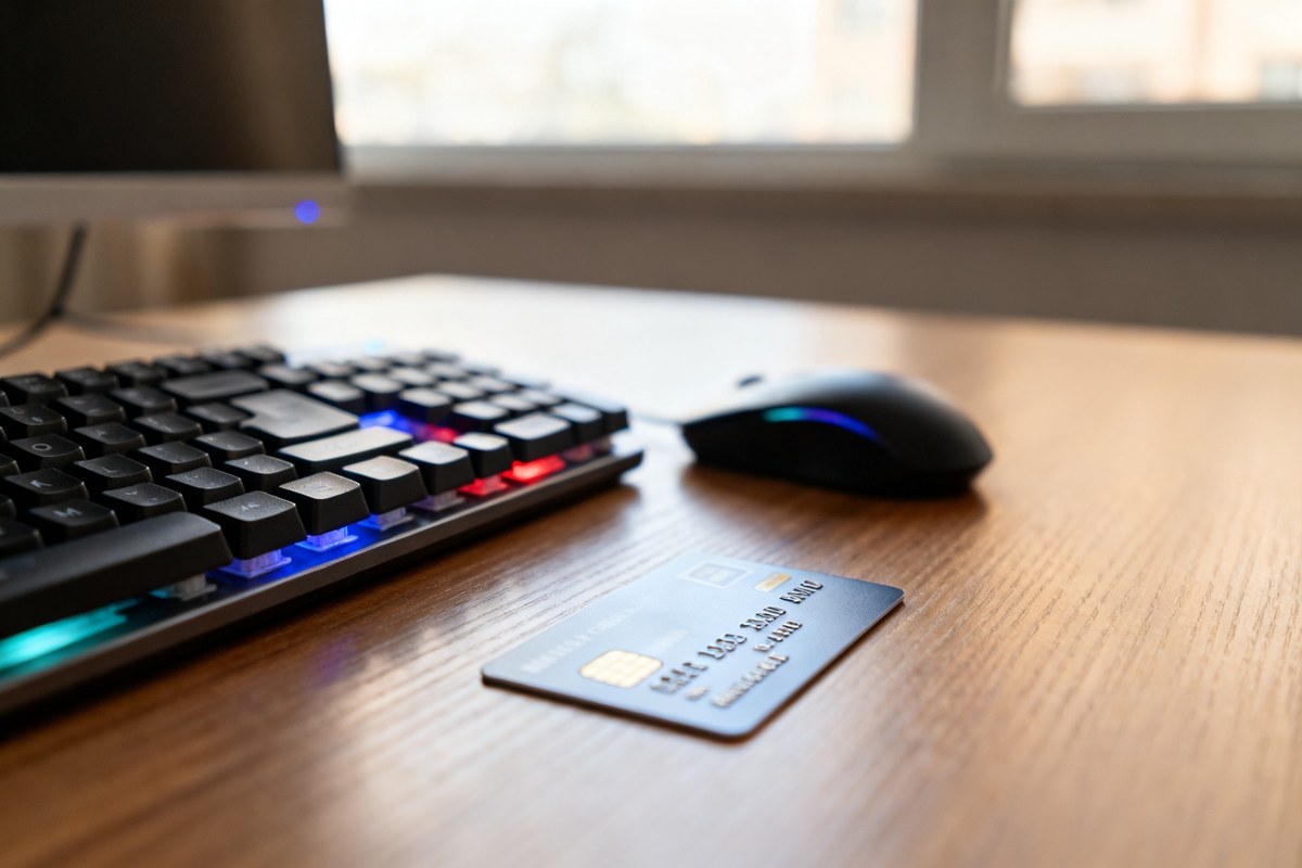 Carte bancaire et souris posées près d'un clavier rétroéclairé sur un bureau
