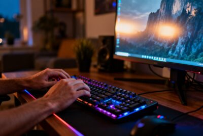 Joueur sur un PC de bureau consultant des fiches de jeux la nuit