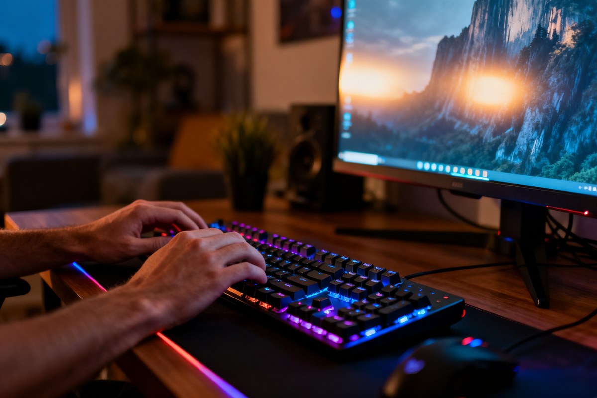 Joueur sur un PC de bureau consultant des fiches de jeux la nuit
