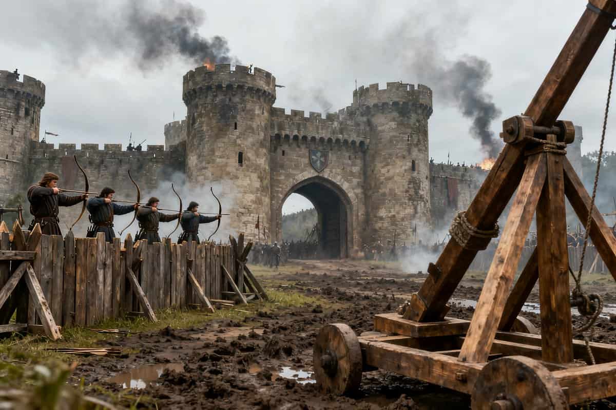 Scène de siège médiéval avec archers sur les remparts et engin de siège