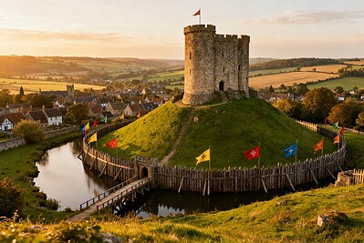 Château médiéval en pierre sur une colline verdoyante au coucher du soleil